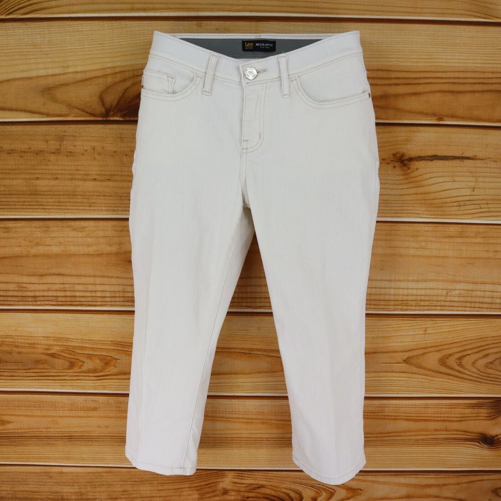 Lee Capri Jeans Mid‎ Rise Womens Size 4P White Denim Stretch Regular Fit Pockets